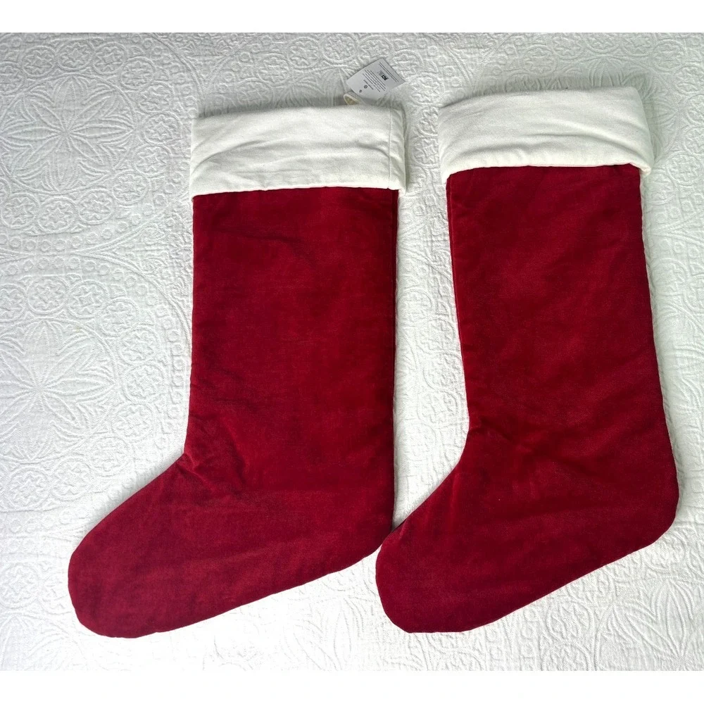 Pottery Barn Extra Large Velour Christmas Stockings Set of 2 Embroidered NEW